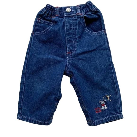 BUM Equipment Blue Denim Pull-On Embroidered Dog and Moon Jeans Size 0-3 Months - Picture 1 of 6